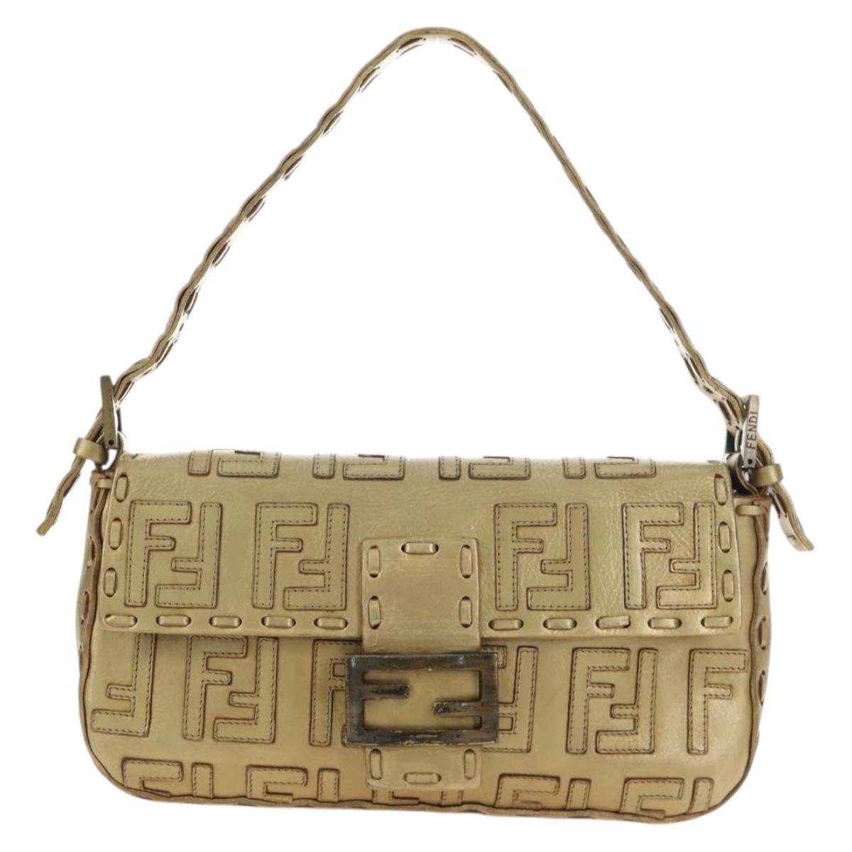 FENDI Zucca Canvas Mamma Baguette Shoulder Bag Leather Gold Auth 189267SAM