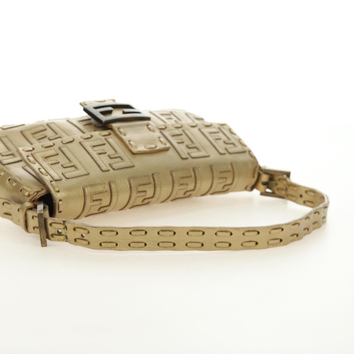 FENDI Zucca Canvas Mamma Baguette Shoulder Bag Leather Gold Auth 189267SAM