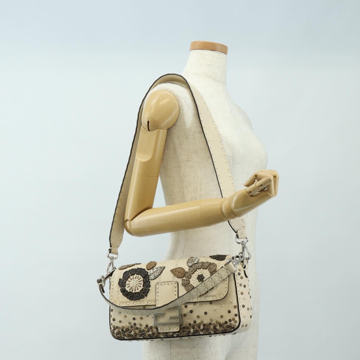 FENDI Celeria Mamma Baguette Shoulder Bag Leather 2way Ivory Auth 189268SAM