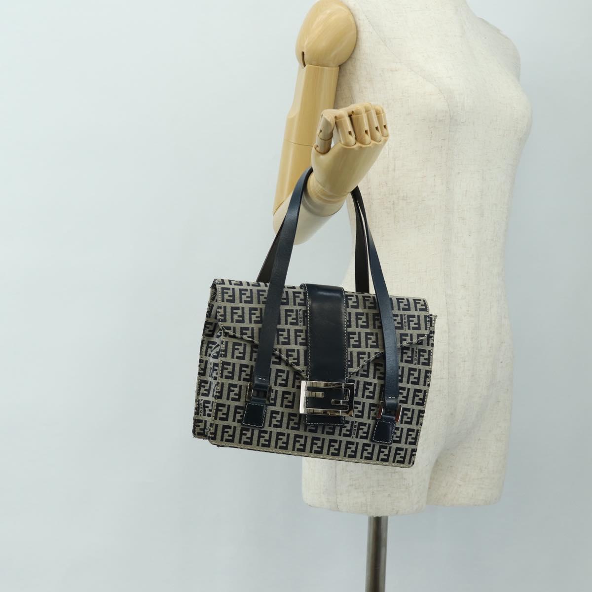 FENDI Zucchino Canvas Mamma Baguette Hand Bag Navy Silver Auth 189269V