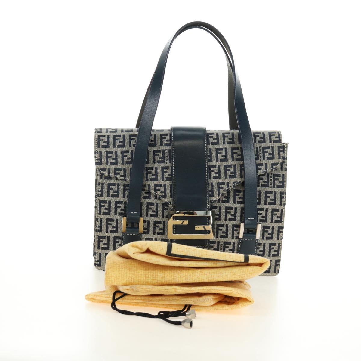 FENDI Zucchino Canvas Mamma Baguette Hand Bag Navy Silver Auth 189269V