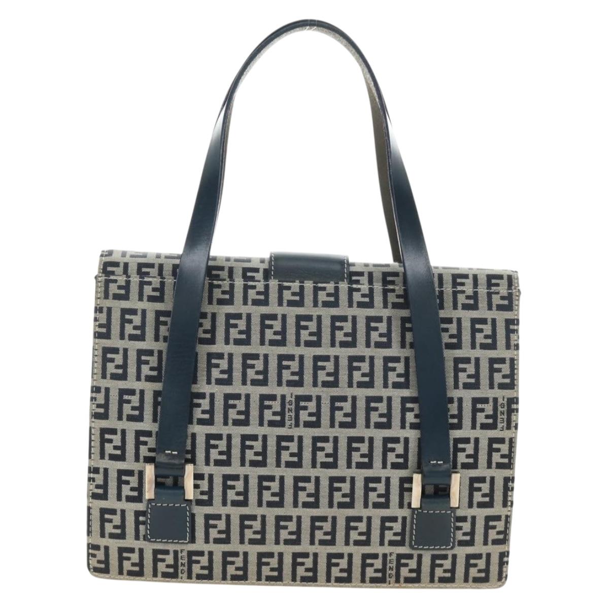 FENDI Zucchino Canvas Mamma Baguette Hand Bag Navy Silver Auth 189269V