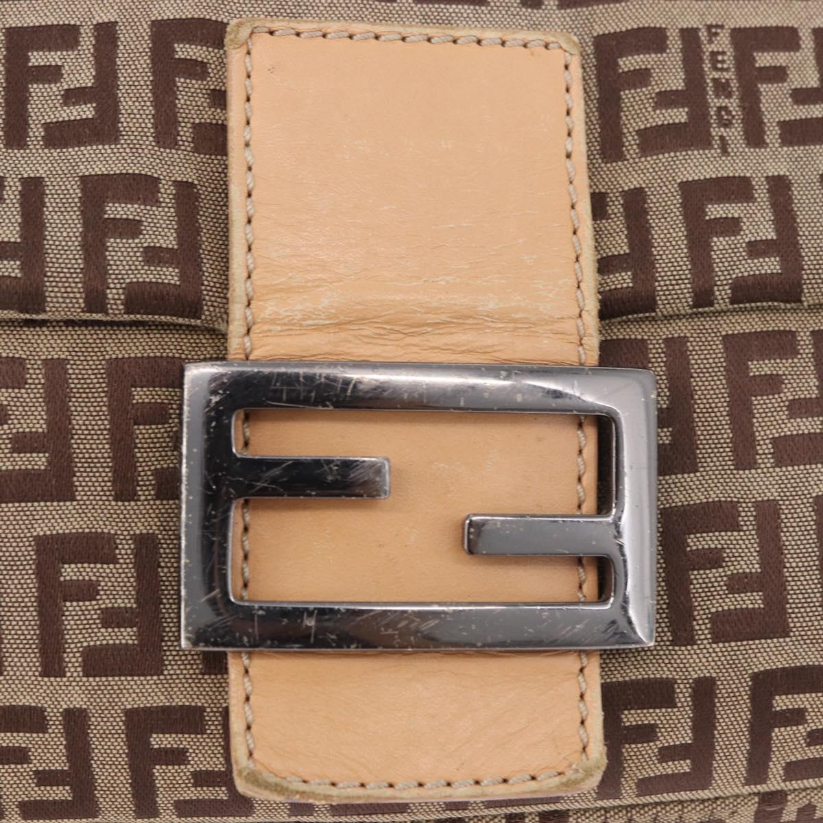 FENDI Zucchino Canvas Mamma Baguette Shoulder Bag Beige Silver Auth 189270A