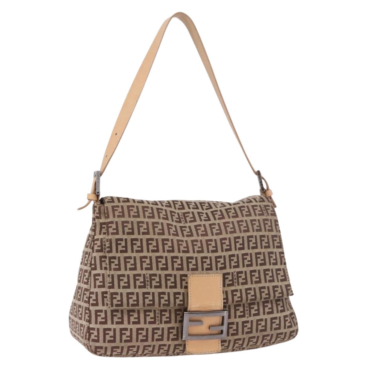 FENDI Zucchino Canvas Mamma Baguette Shoulder Bag Beige Silver Auth 189270A