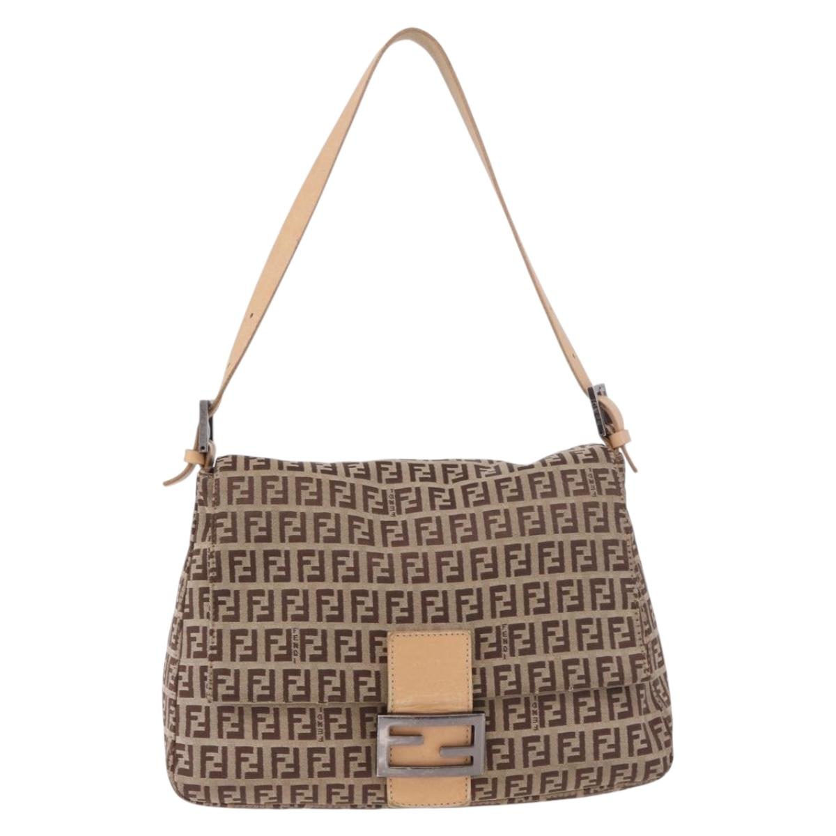 FENDI Zucchino Canvas Mamma Baguette Shoulder Bag Beige Silver Auth 189270A