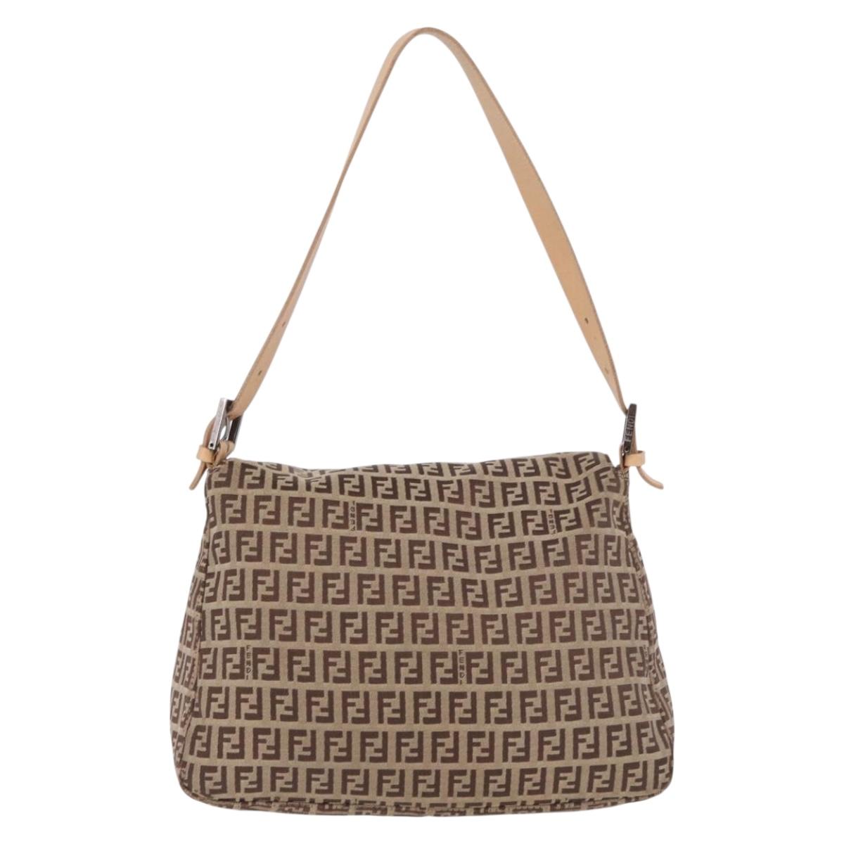 FENDI Zucchino Canvas Mamma Baguette Shoulder Bag Beige Silver Auth 189270A