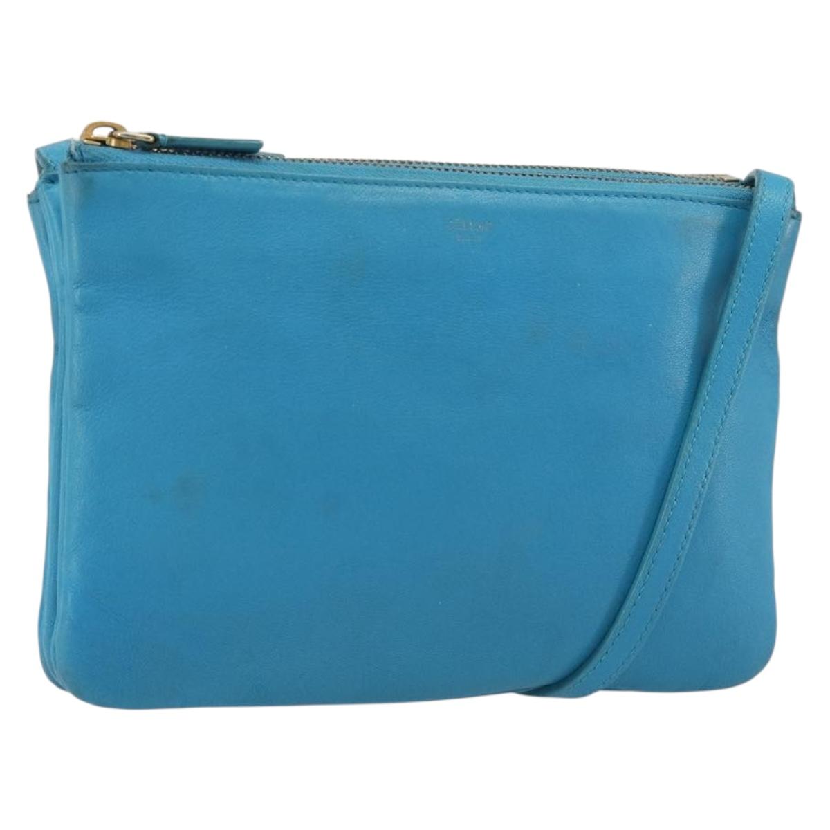 CELINE Trio Shoulder Bag Leather Light Blue Gold Auth 189302