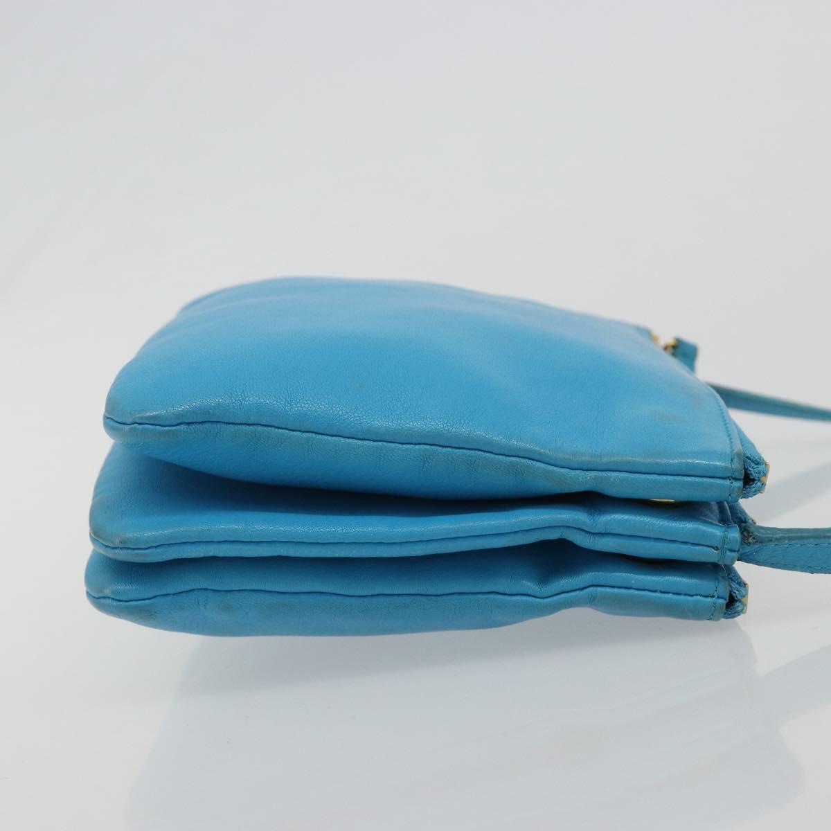 CELINE Trio Shoulder Bag Leather Light Blue Gold Auth 189302