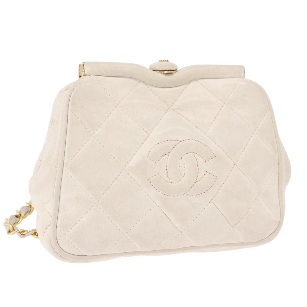 CHANEL Chain Belt Waist Bag Lamb Skin White Gold CC Auth 189310A
