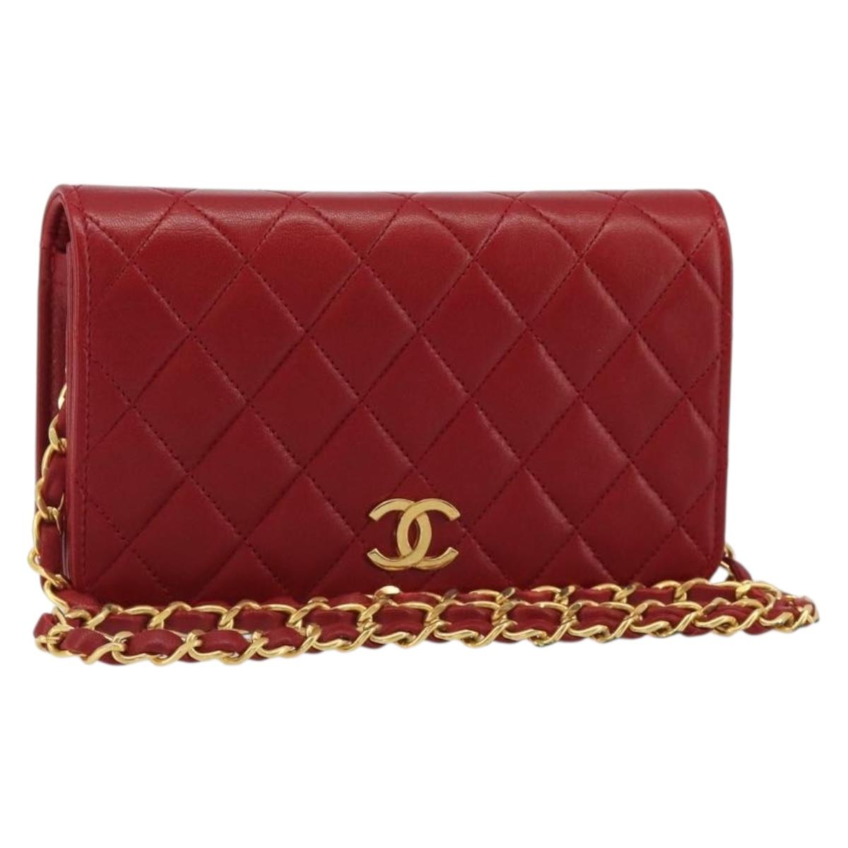 CHANEL Matelasse Chain Shoulder Bag Lamb Skin Red Gold CC Auth 189311