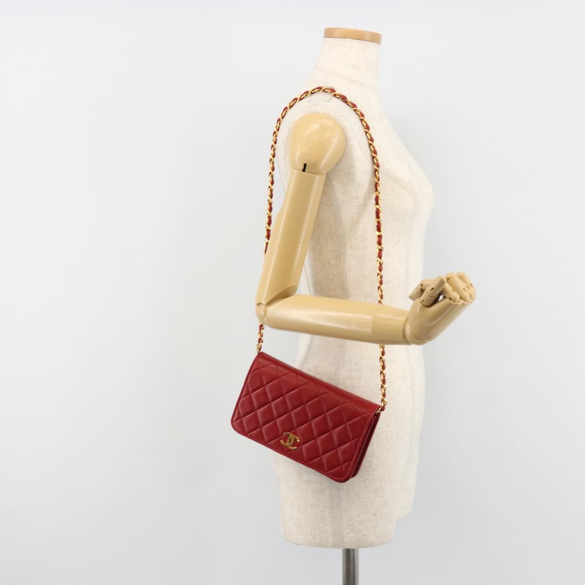 CHANEL Matelasse Chain Shoulder Bag Lamb Skin Red Gold CC Auth 189311