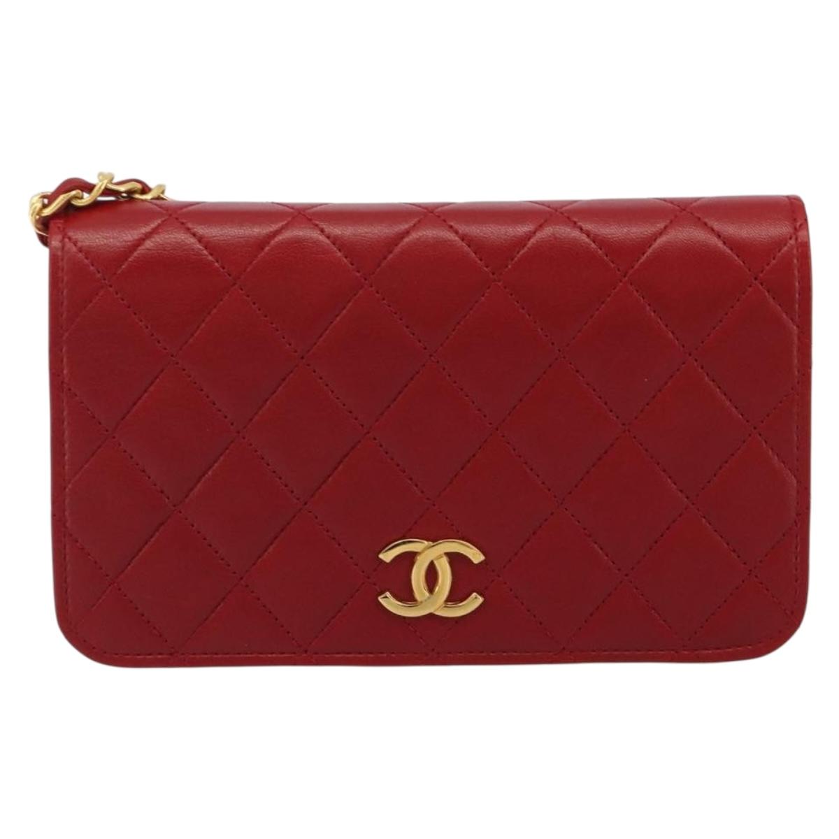 CHANEL Matelasse Chain Shoulder Bag Lamb Skin Red Gold CC Auth 189311