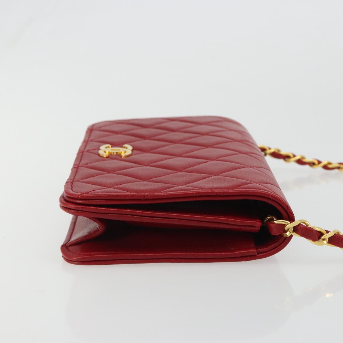 CHANEL Matelasse Chain Shoulder Bag Lamb Skin Red Gold CC Auth 189311