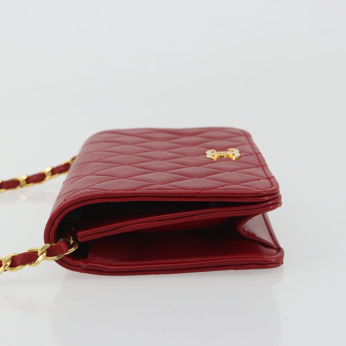 CHANEL Matelasse Chain Shoulder Bag Lamb Skin Red Gold CC Auth 189311