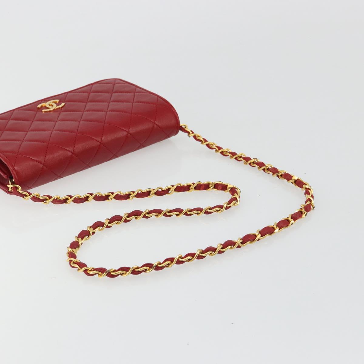 CHANEL Matelasse Chain Shoulder Bag Lamb Skin Red Gold CC Auth 189311