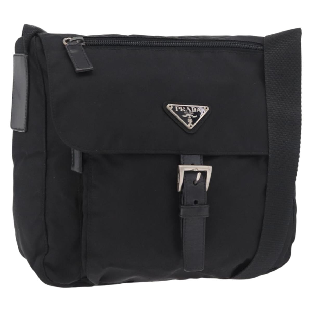 PRADA Shoulder Bag Nylon Black Silver Auth 189321A