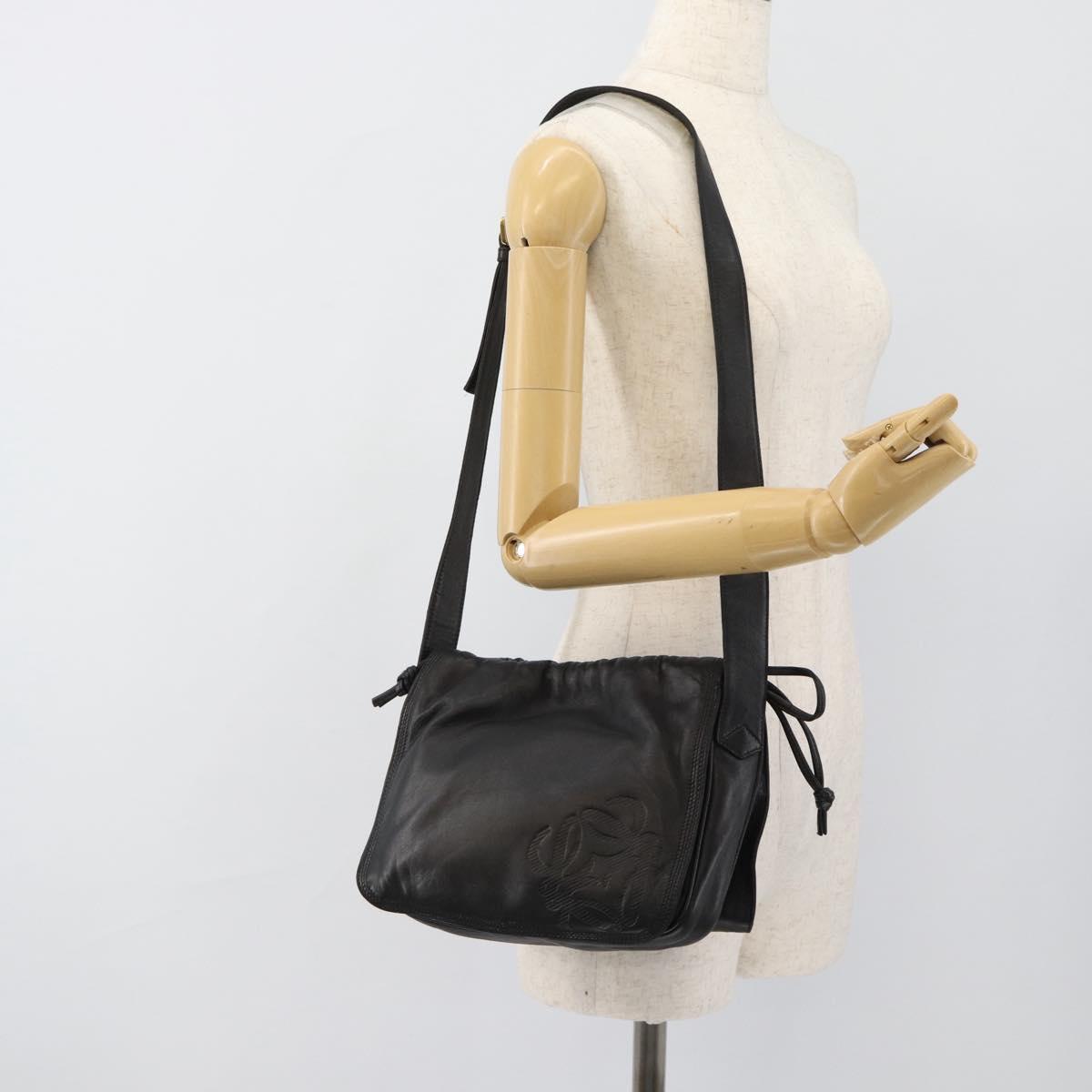 LOEWE Anagram Shoulder Bag Leather Black Gold Auth 189326