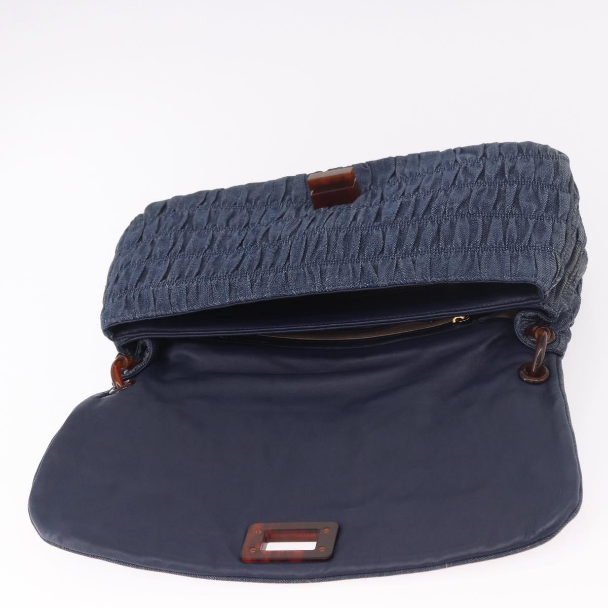 PRADA Gathered Chain Shoulder Bag Denim Blue Gold Auth 189327V
