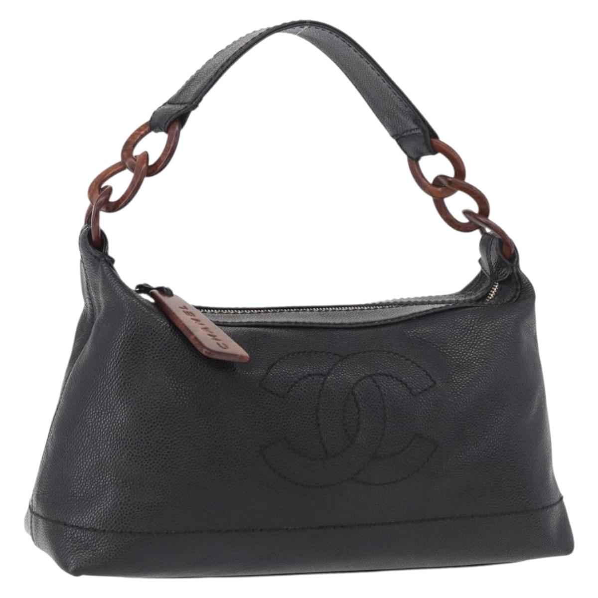 CHANEL Shoulder Bag Caviar Skin Black Gold CC Auth 189329SAM