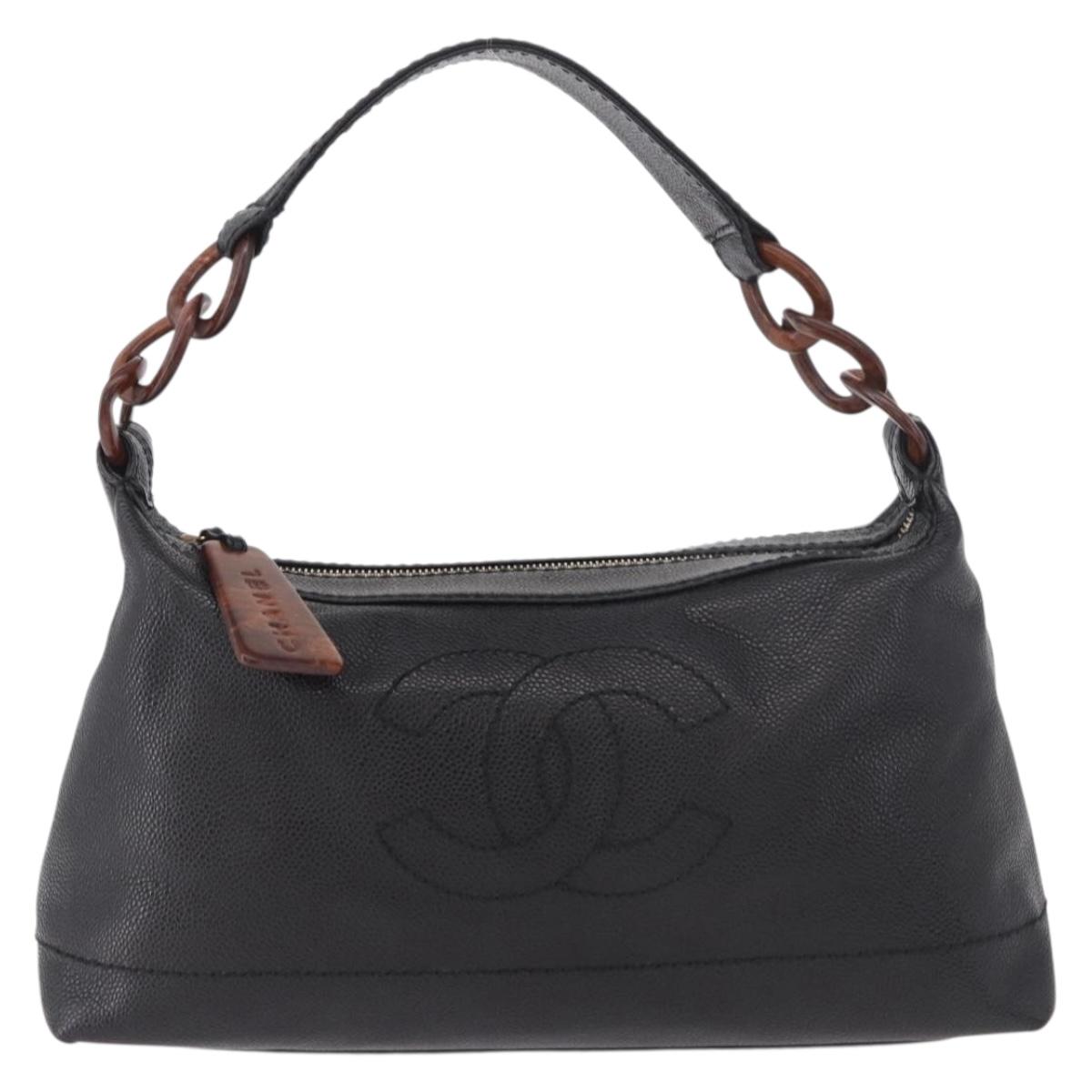 CHANEL Shoulder Bag Caviar Skin Black Gold CC Auth 189329SAM