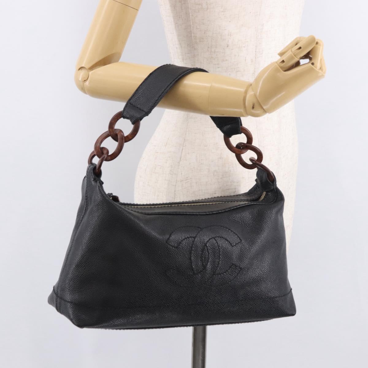 CHANEL Shoulder Bag Caviar Skin Black Gold CC Auth 189329SAM