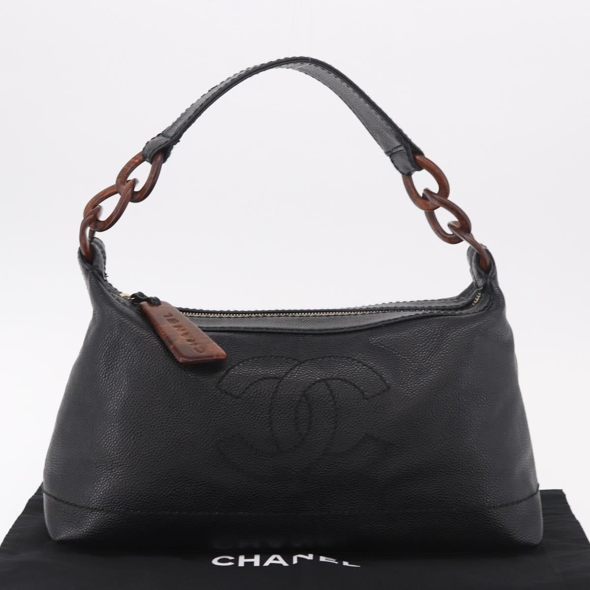 CHANEL Shoulder Bag Caviar Skin Black Gold CC Auth 189329SAM