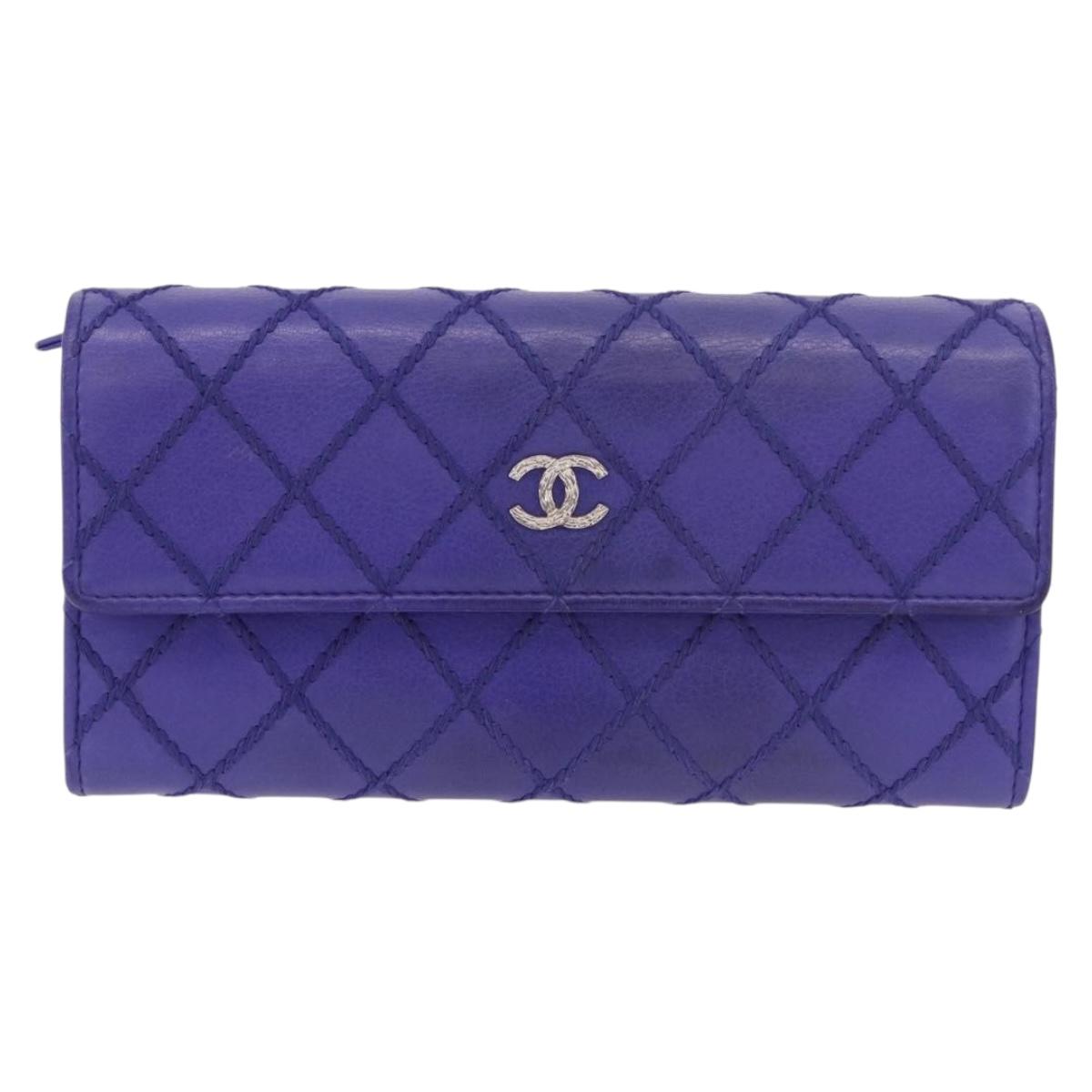 CHANEL Matelasse Long Wallet Caviar Skin Black Silver CC Auth 189341A