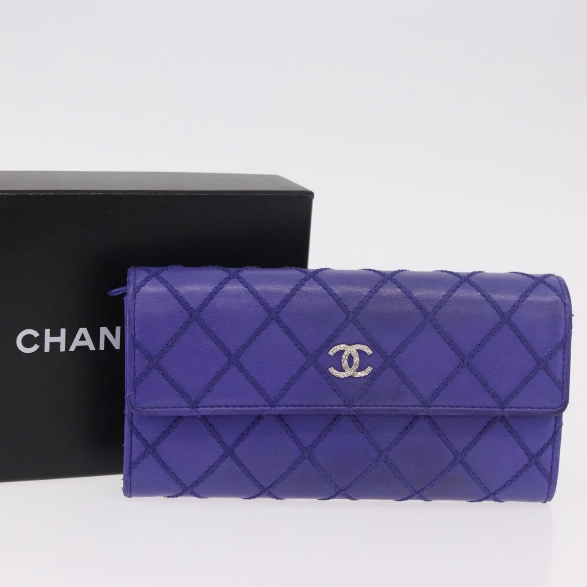 CHANEL Matelasse Long Wallet Caviar Skin Black Silver CC Auth 189341A