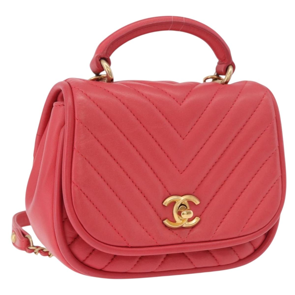 CHANEL Chevron V Stitch Top Handle Bag Lamb Skin 2way Pink CC Auth 189342SAM