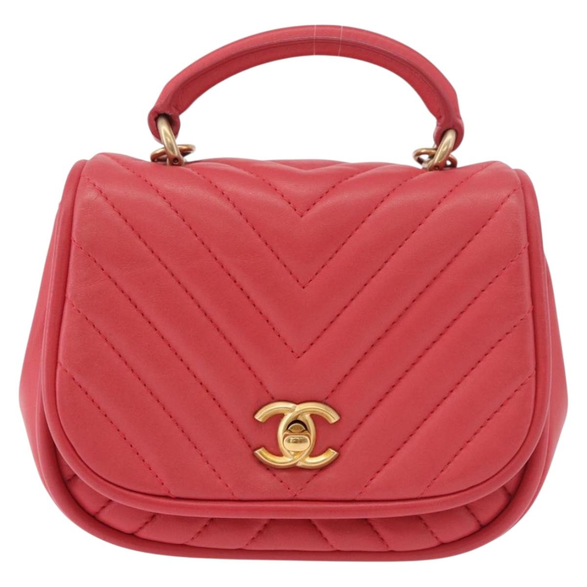 CHANEL Chevron V Stitch Top Handle Bag Lamb Skin 2way Pink CC Auth 189342SAM