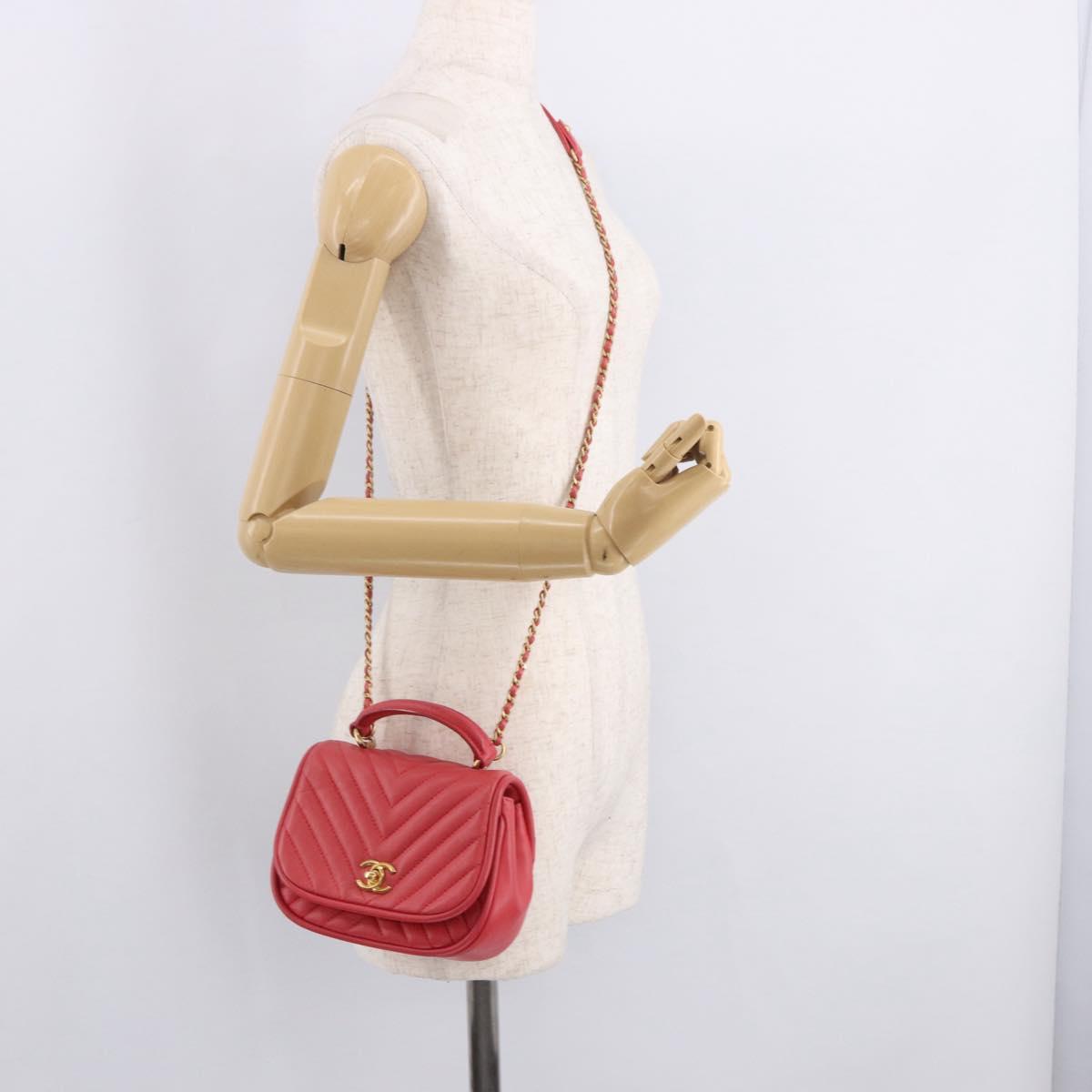 CHANEL Chevron V Stitch Top Handle Bag Lamb Skin 2way Pink CC Auth 189342SAM
