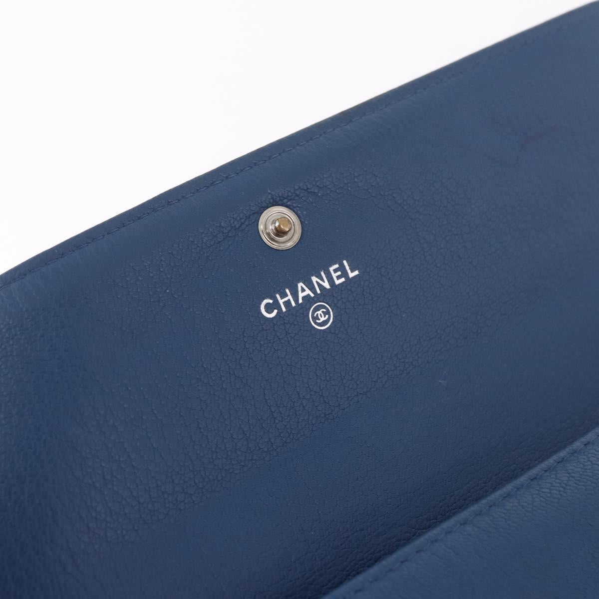 CHANEL Long Wallet Leather Blue Silver CC Auth 189356