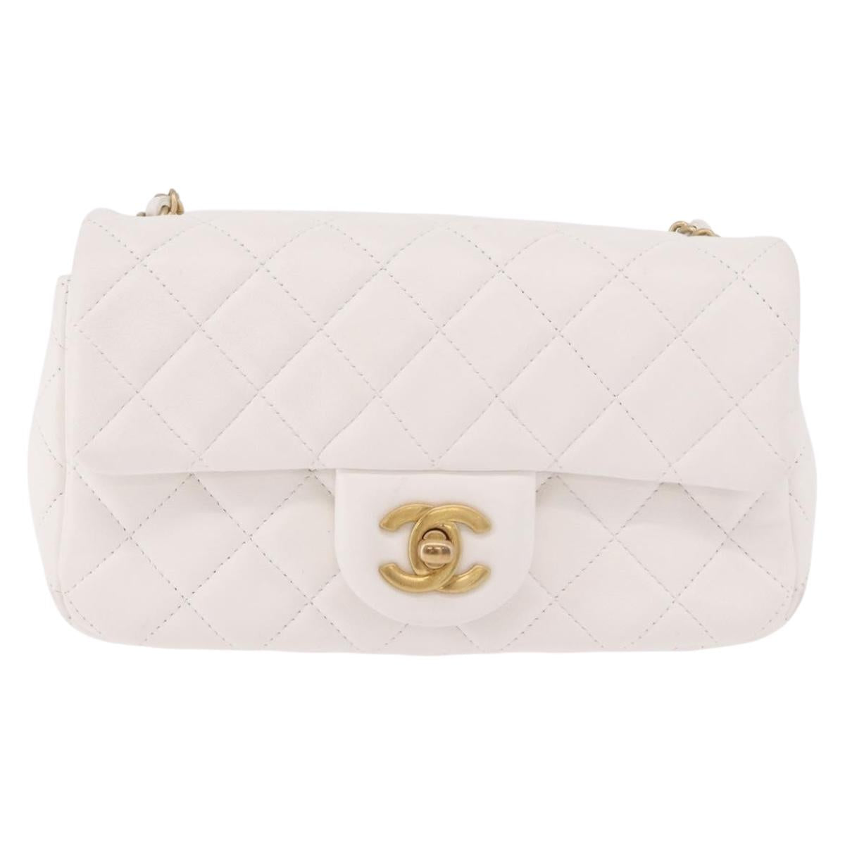 CHANEL Matelasse Chain Shoulder Bag Lamb Skin White Gold CC Auth 189358SAM