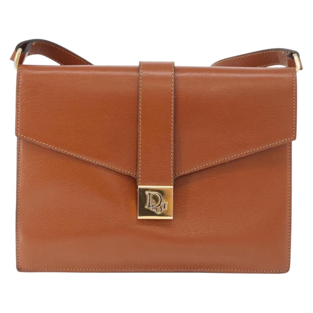 Christian Dior Shoulder Bag Leather Brown Gold Auth 189363