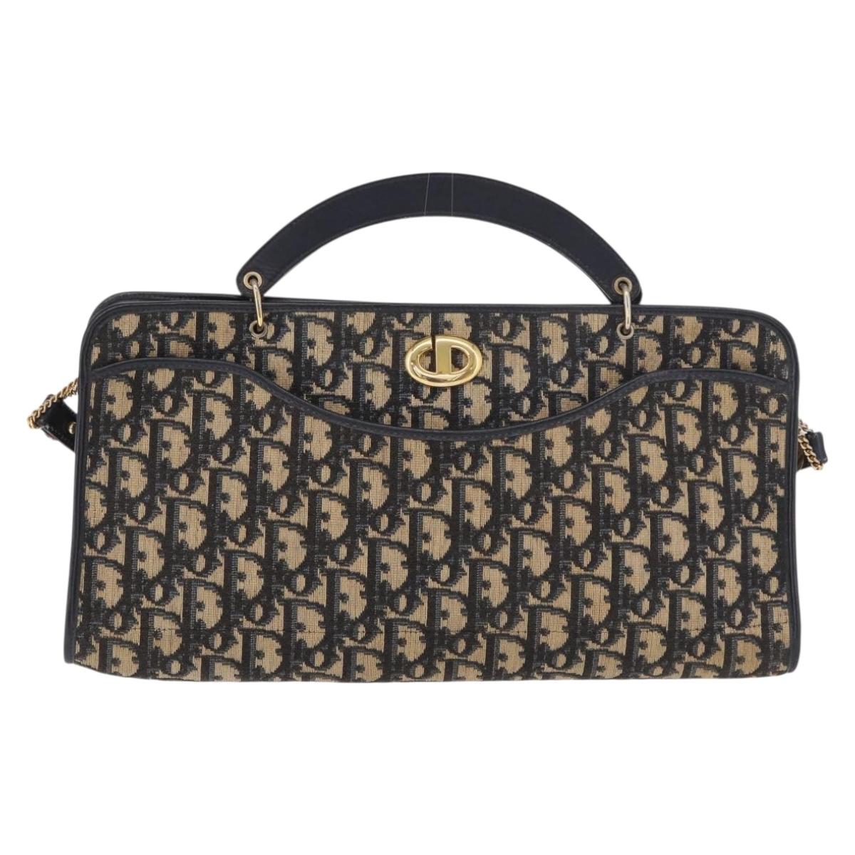 Christian Dior Trotter Canvas Shoulder Bag Navy Gold Auth 189365