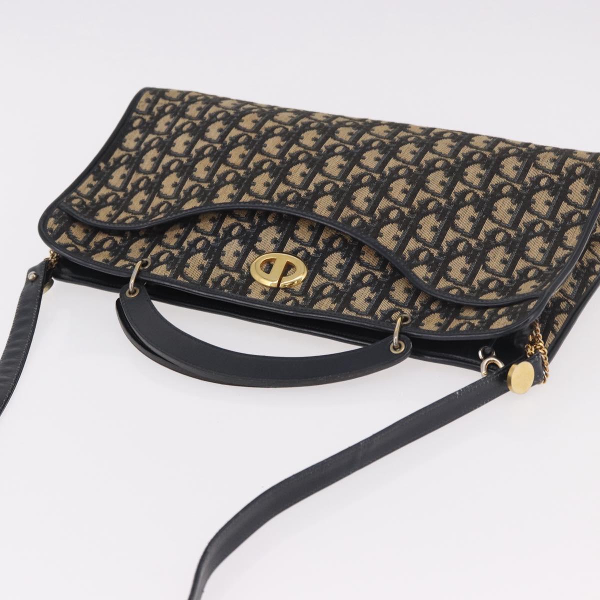 Christian Dior Trotter Canvas Shoulder Bag Navy Gold Auth 189365