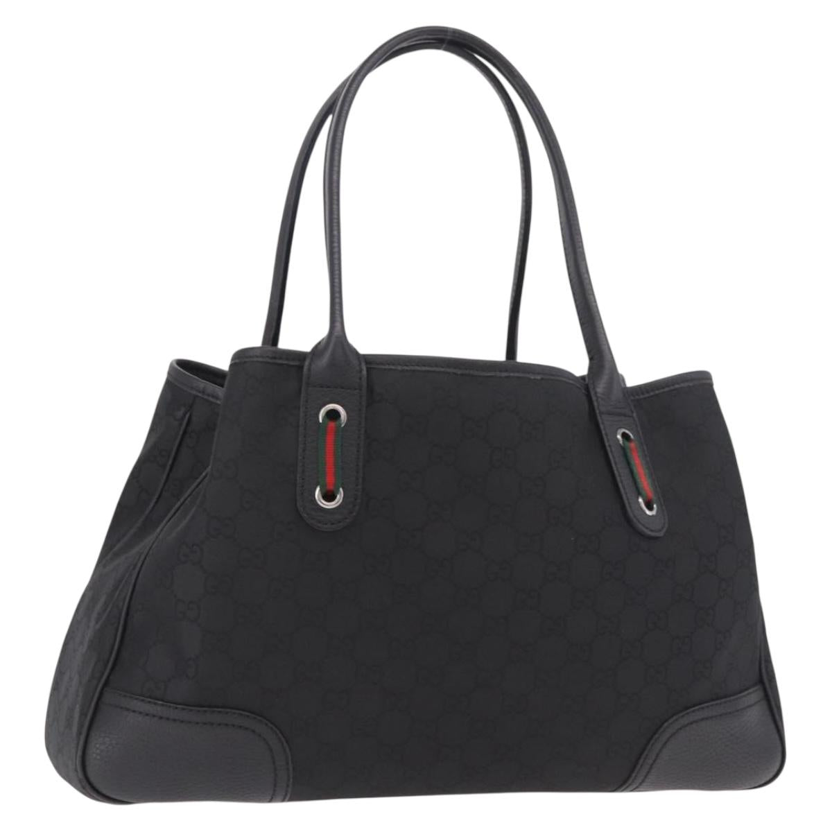 GUCCI GG Canvas Web Sherry Line Tote Bag Black Silver Red 293592 Auth 189381V