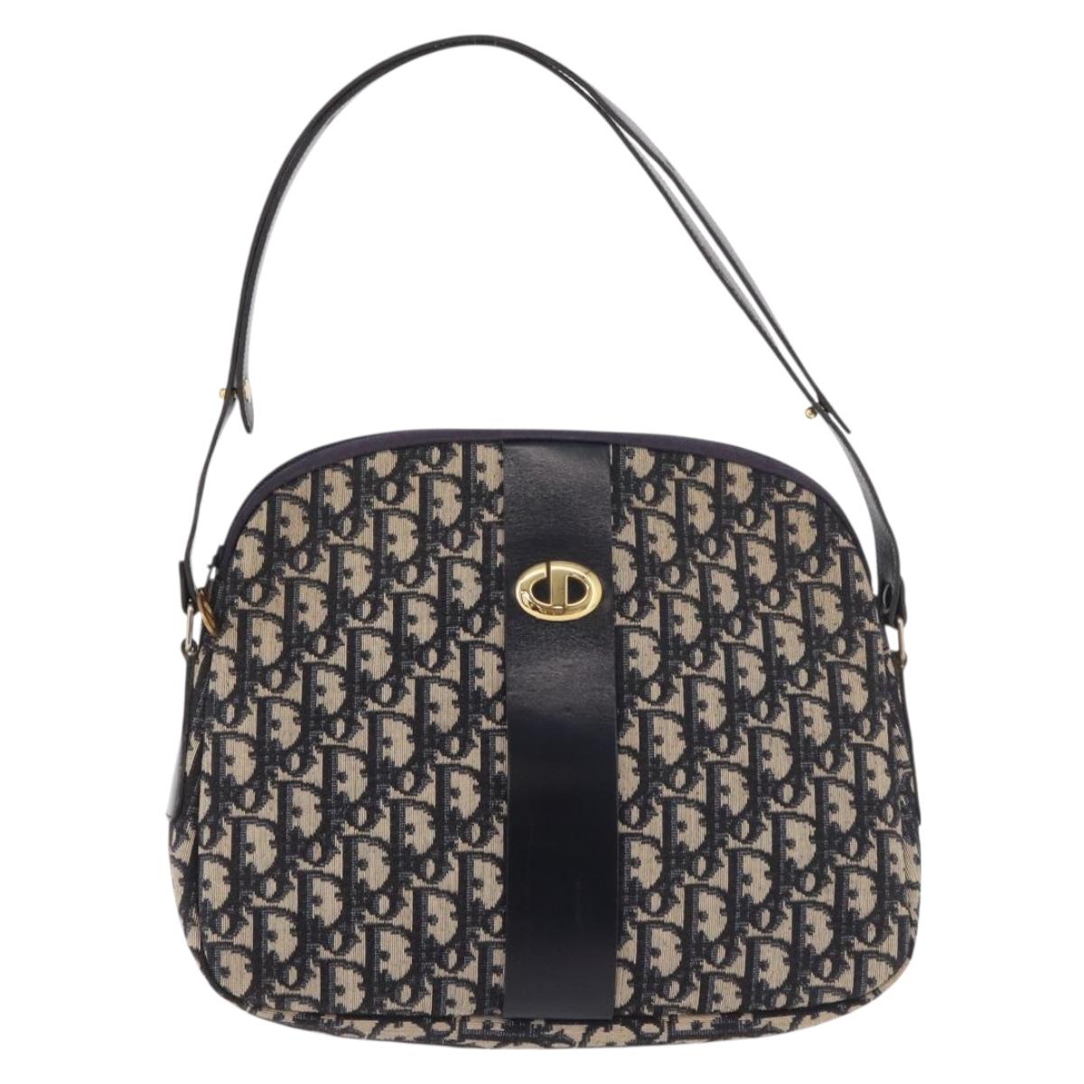 Christian Dior Trotter Canvas Shoulder Bag Navy Gold Auth 189386A
