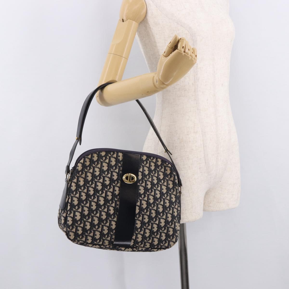 Christian Dior Trotter Canvas Shoulder Bag Navy Gold Auth 189386A