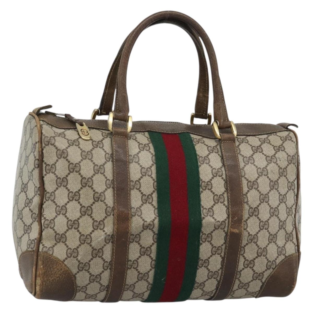 GUCCI GG Supreme Web Sherry Line Boston Bag PVC Beige Gold Auth 189420