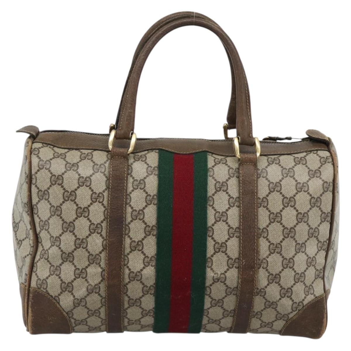 GUCCI GG Supreme Web Sherry Line Boston Bag PVC Beige Gold Auth 189420
