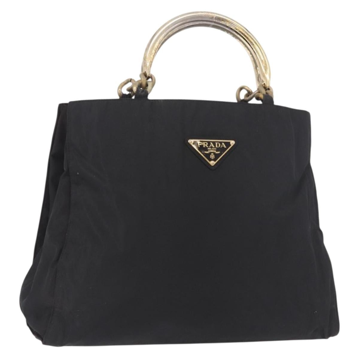 PRADA Hand Bag Nylon Black Gold Auth 189423