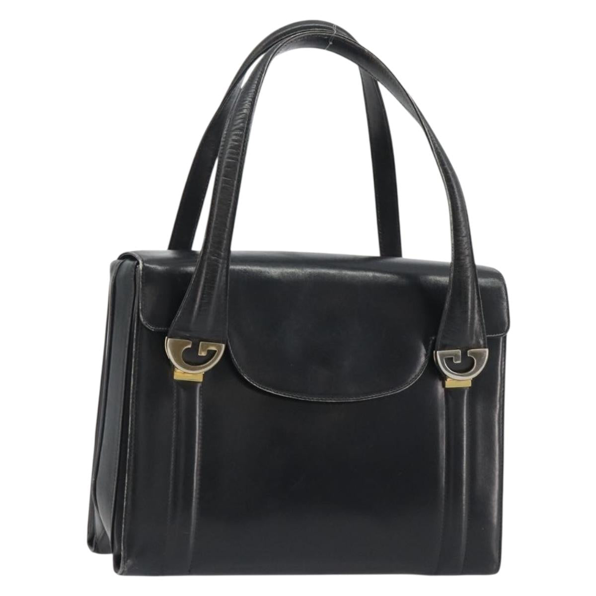 GUCCI Hand Bag Leather Black Gold Auth 189492