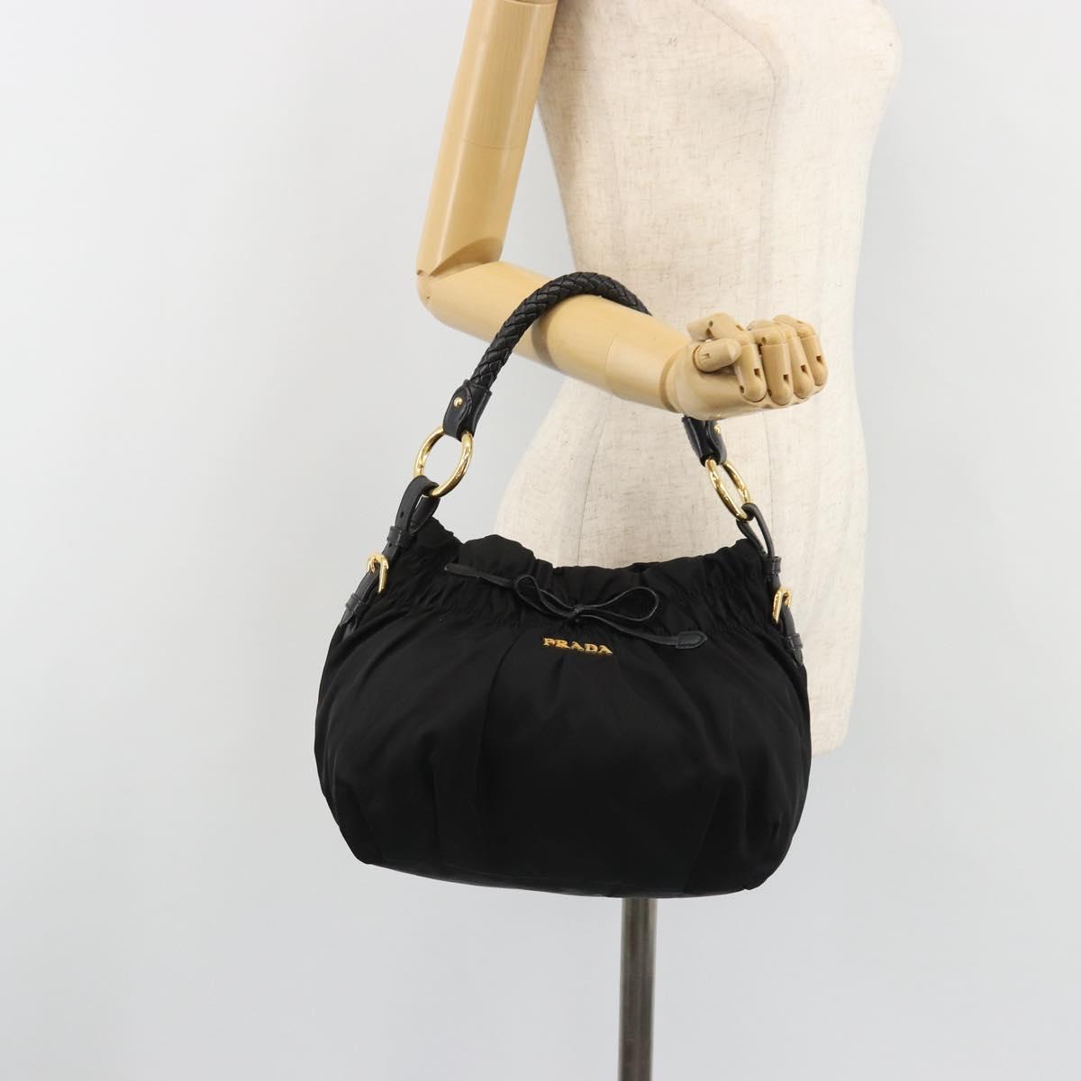 PRADA Gathered Shoulder Bag Nylon Black Gold Auth 189499V