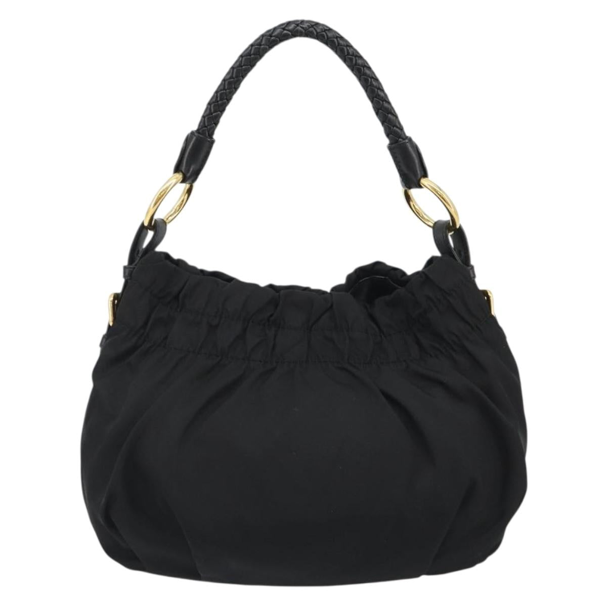 PRADA Gathered Shoulder Bag Nylon Black Gold Auth 189499V
