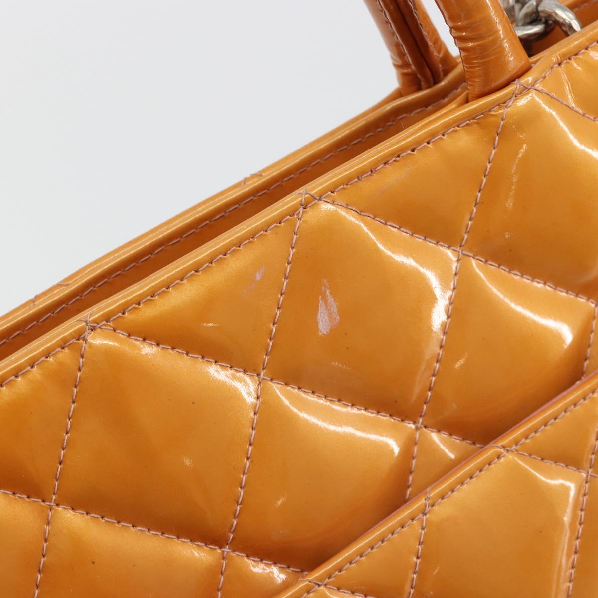 CHANEL Matelasse Standard Tote Bag Patent Leather Orange Silver CC Auth 189502A