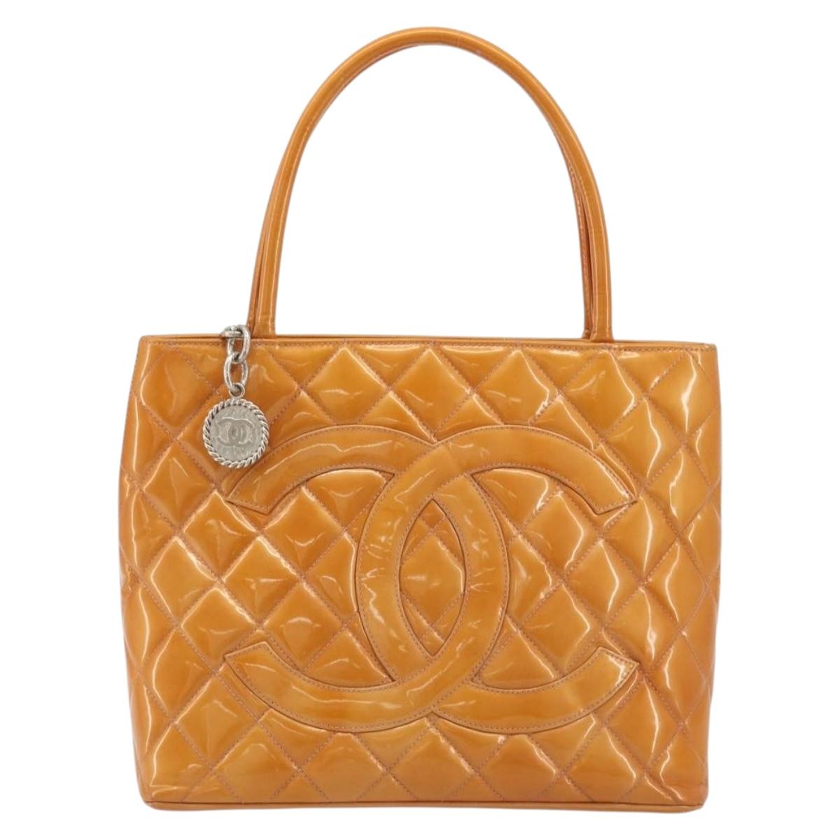 CHANEL Matelasse Standard Tote Bag Patent Leather Orange Silver CC Auth 189502A