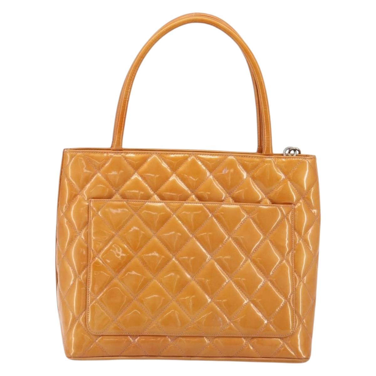 CHANEL Matelasse Standard Tote Bag Patent Leather Orange Silver CC Auth 189502A