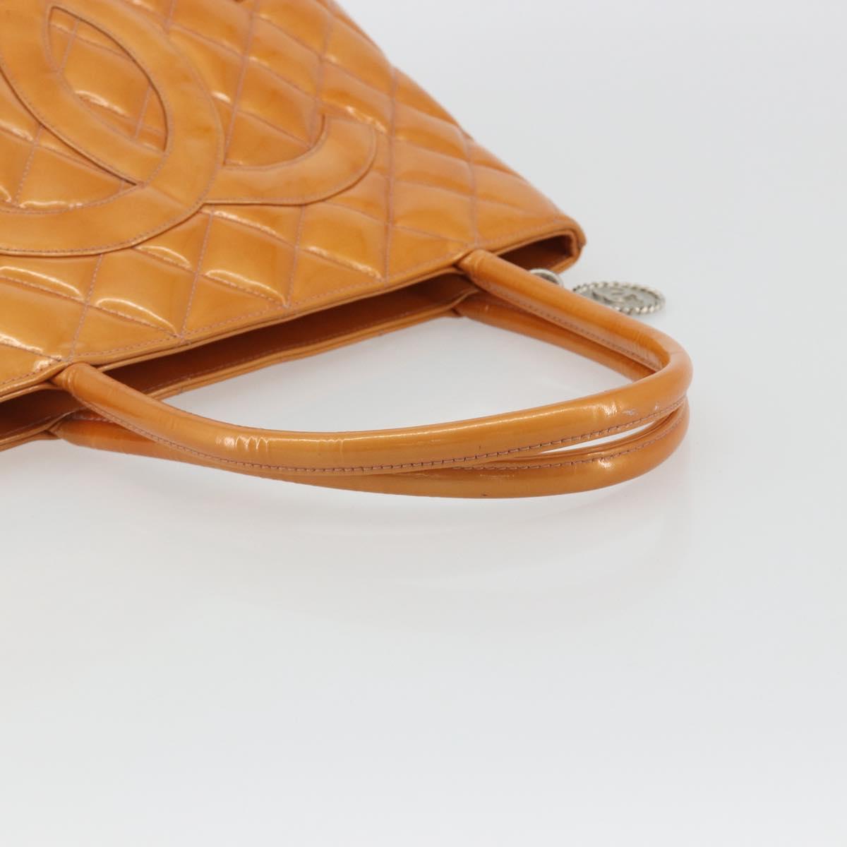CHANEL Matelasse Standard Tote Bag Patent Leather Orange Silver CC Auth 189502A