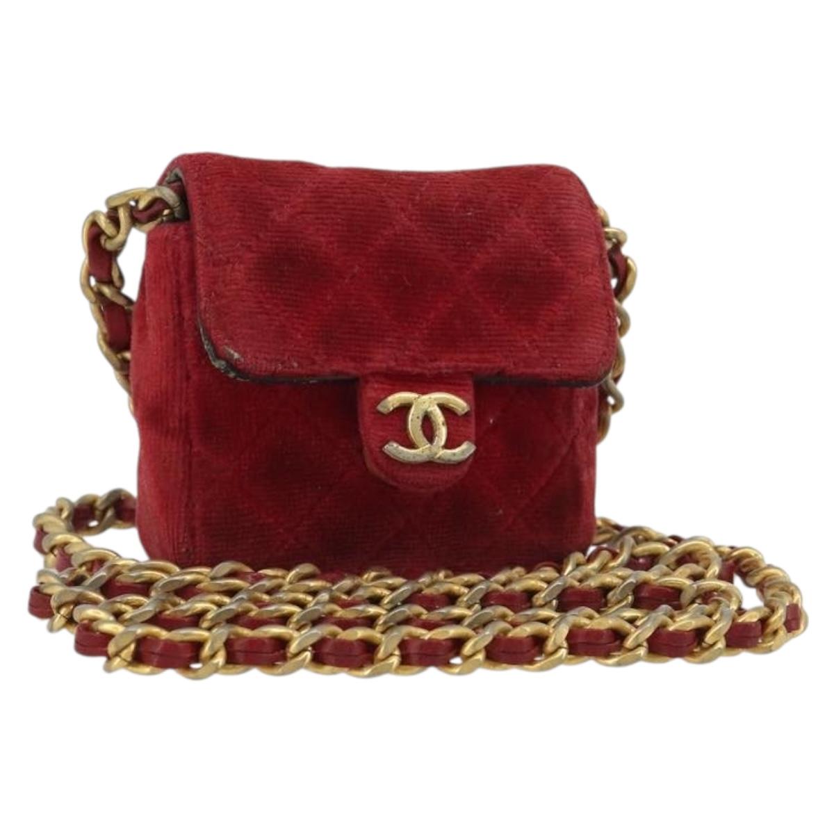 CHANEL Mini Mini Matelasse 7 Chain Shoulder Pouch Velor Red Gold CC Auth 189515